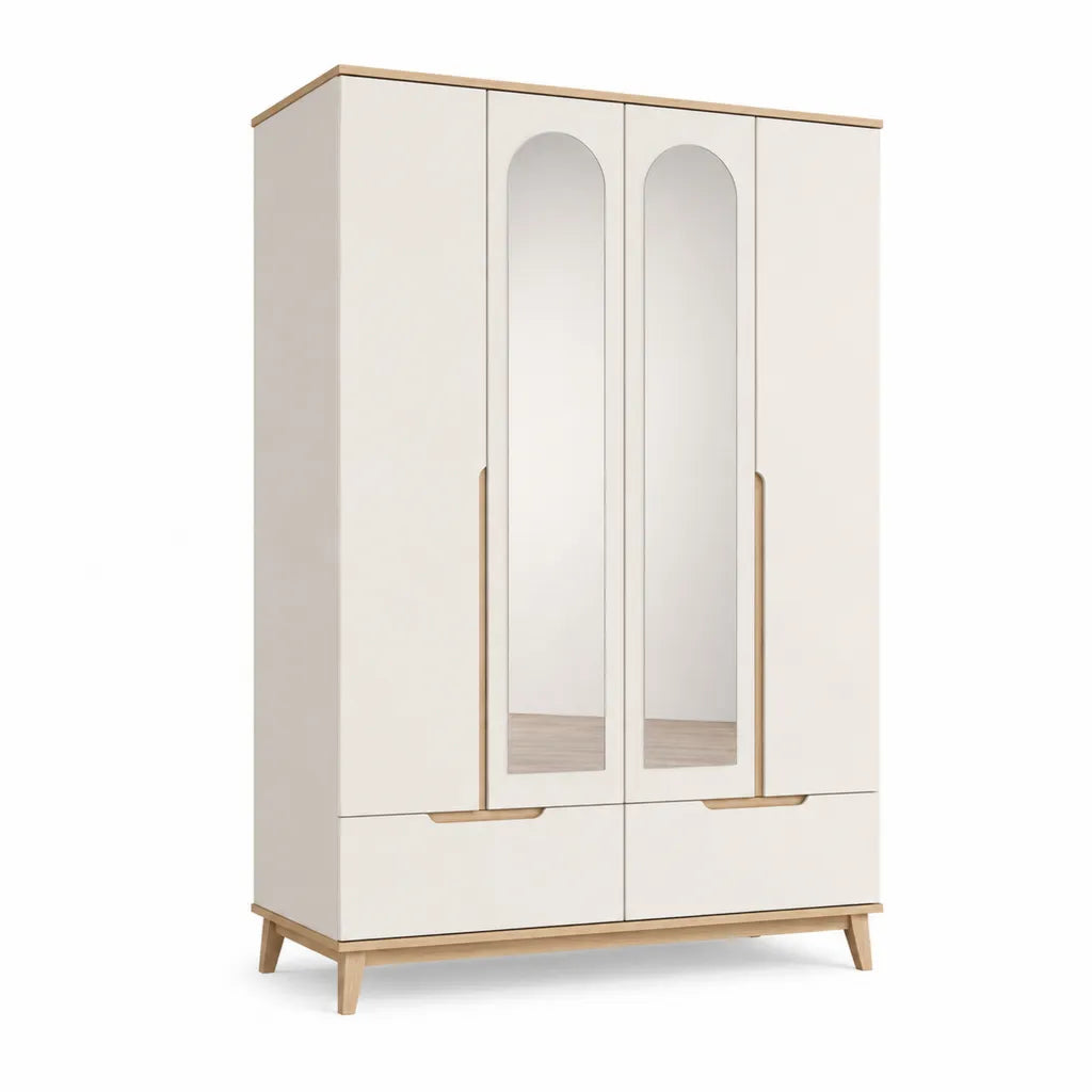 Armadio guardaroba 4 ante con 2 specchi 2 cassetti in pannello truciolare bianco e rovere 160 x 52 x 200 cm