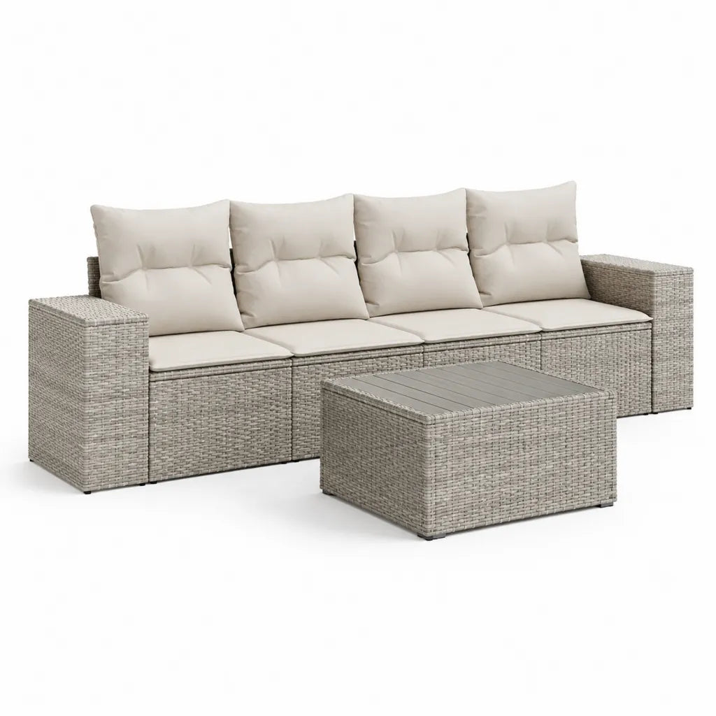 Set divano da giardino 4 posti con tavolino in rattan PE grigio e cuscini beige 280x75x65 cm