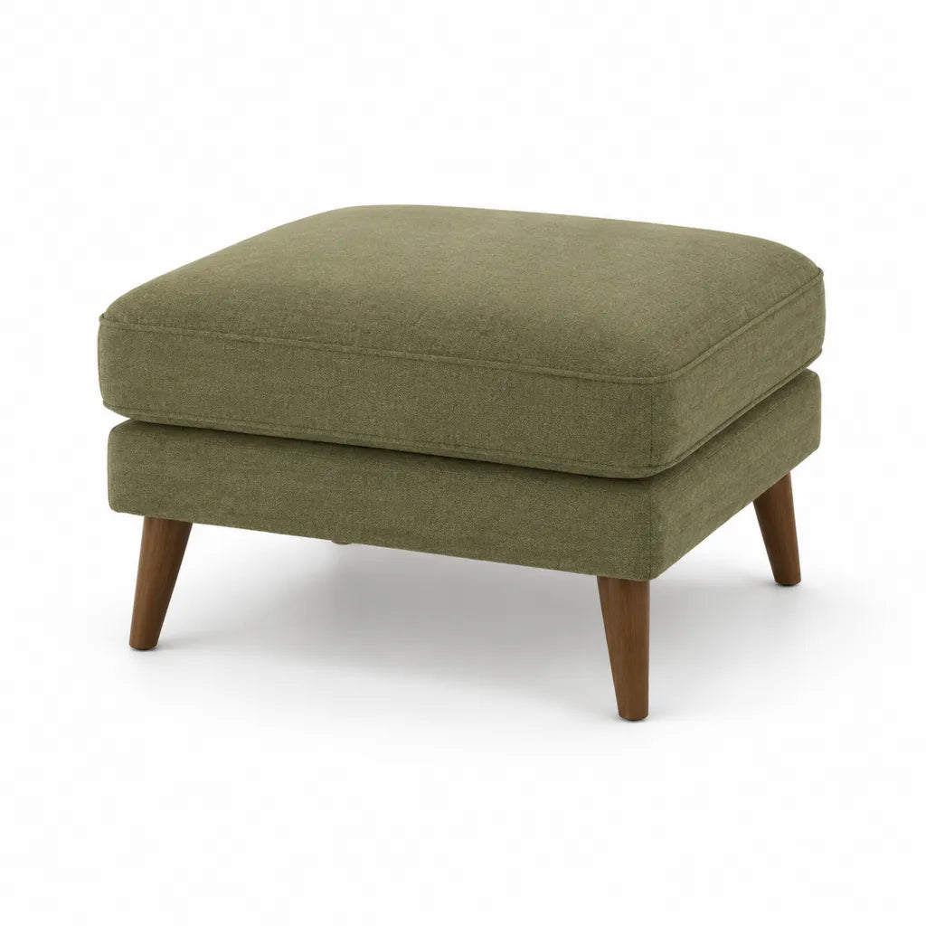 Poggiapiedi imbottito rettangolare in poliestere verde oliva con gambe in legno massello 70 x 55 x 45 cm