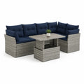 Set divano da giardino angolare 6 pezzi in rattan PE grigio con cuscini blu e tavolo 110 x 60 x 66 cm