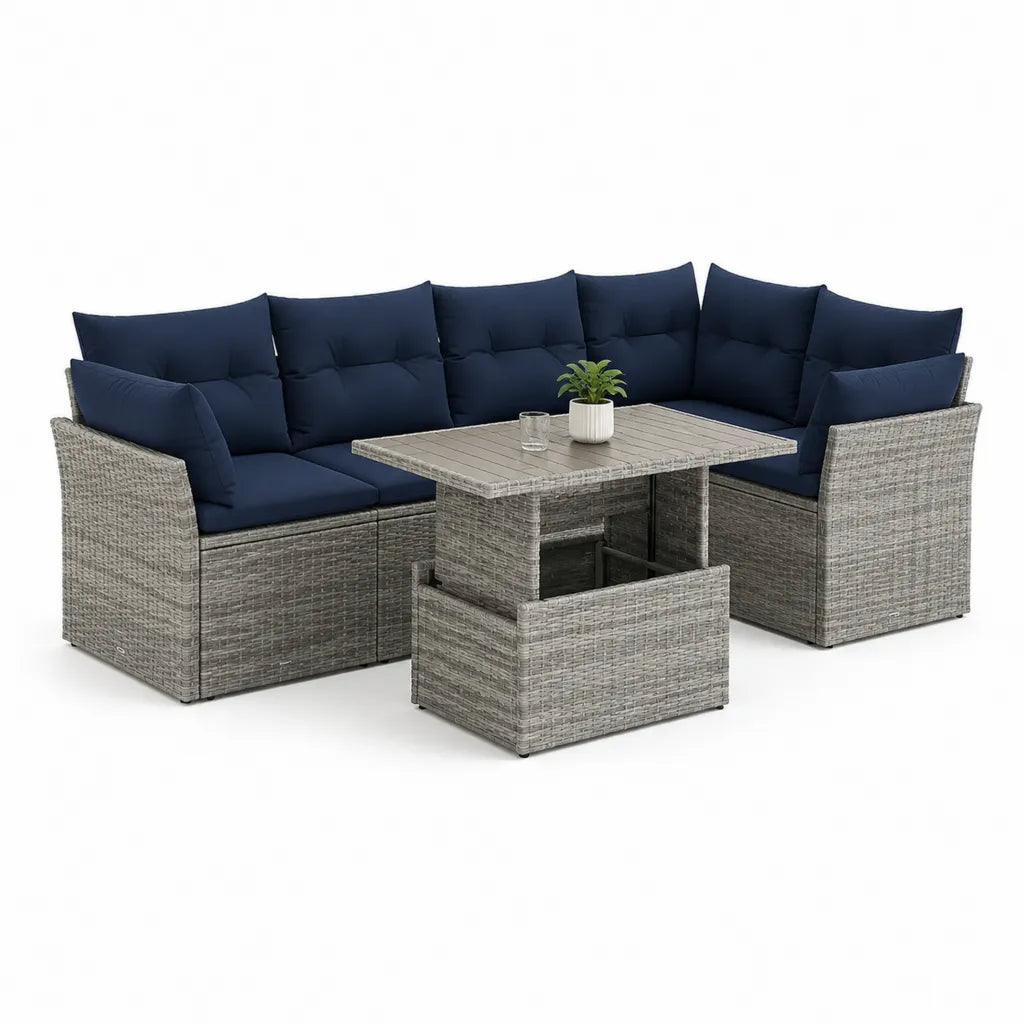 Set divano da giardino angolare 6 pezzi in rattan PE grigio con cuscini blu e tavolo 110 x 60 x 66 cm