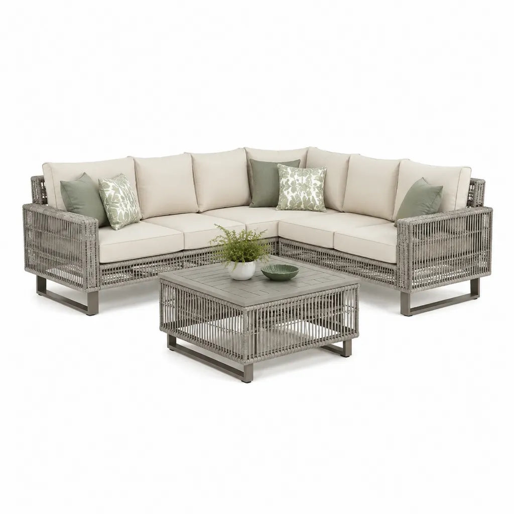 Set divano angolare da giardino 5 posti con tavolino 260 x 260 cm in alluminio e corda PE grigio con cuscini beige