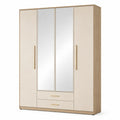 Armadio guardaroba 4 ante con 2 specchi e 2 cassetti in pannello truciolare beige 160 x 52 x 200 cm