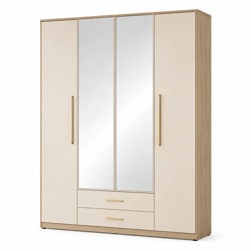 Armadio guardaroba 4 ante con 2 specchi e 2 cassetti in pannello truciolare beige 160 x 52 x 200 cm