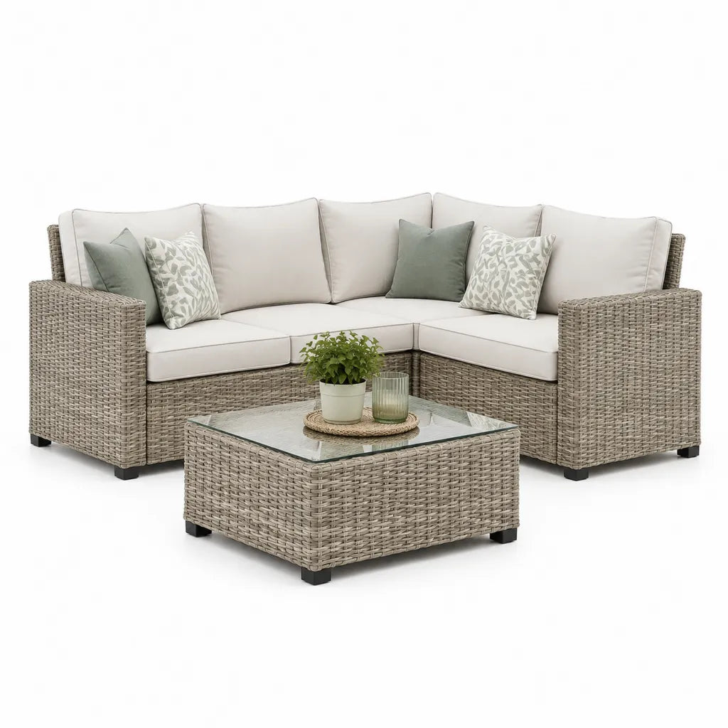 Set divano da giardino angolare 4 posti con tavolino 220 x 220 cm in rattan PE grigio beige