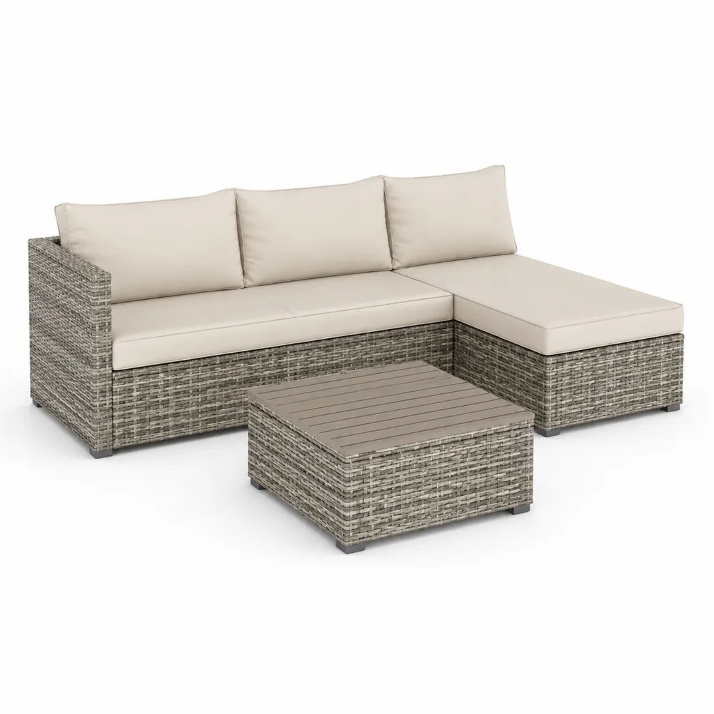 Set divano da giardino angolare 3 pezzi in rattan PE grigio con cuscini beige 186 x 136 x 65 cm