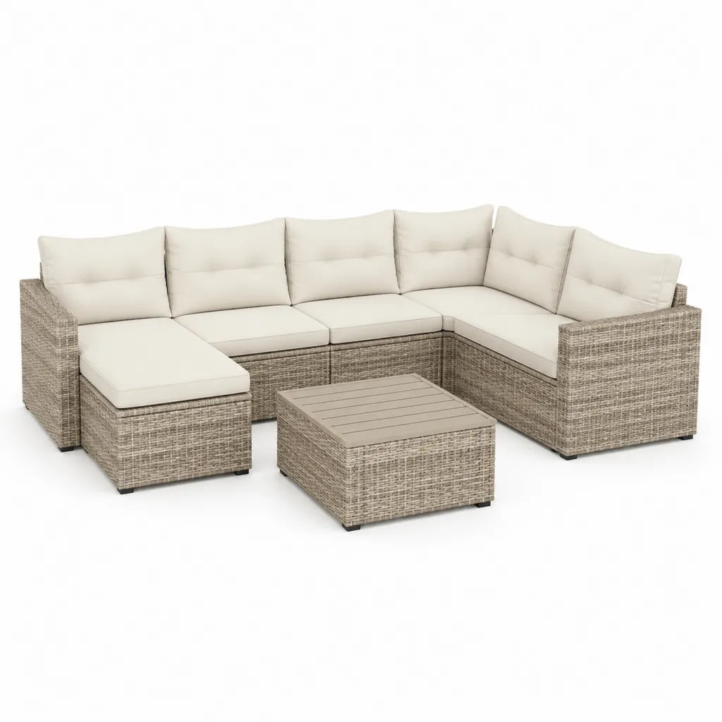 Salotto da giardino angolare 6 pezzi in rattan PE beige con cuscini crema e tavolino 275 x 205 cm