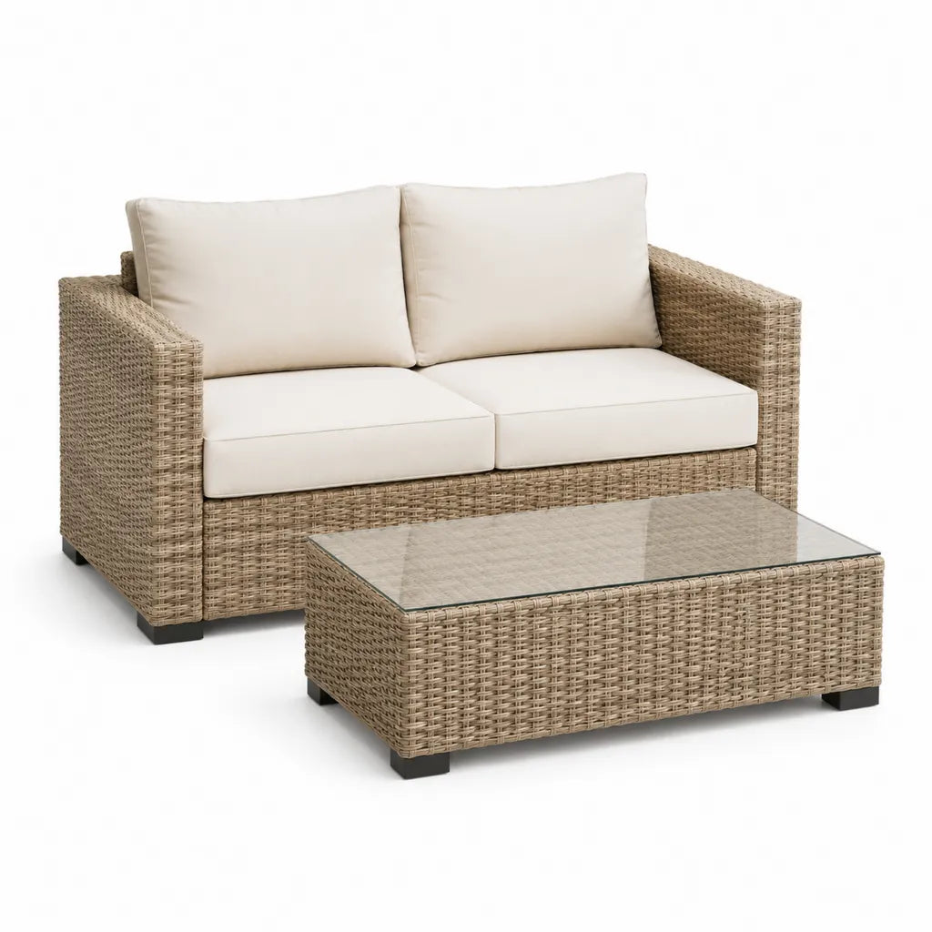 Set divano da giardino 2 posti con tavolino rettangolare in rattan PE beige 124 x 75 x 74 cm e 100 x 50 x 35 cm