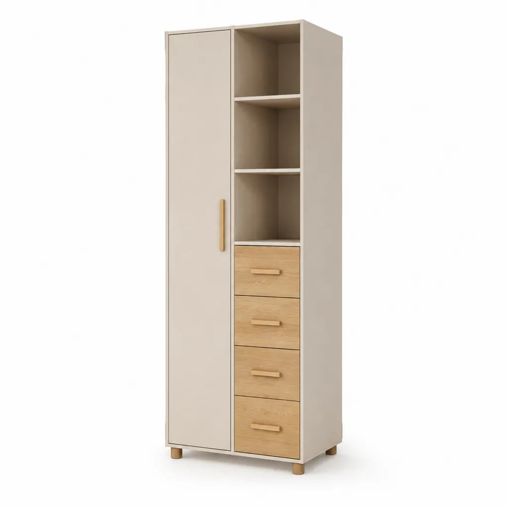 Armadio guardaroba stretto con anta ripiani e 4 cassetti in MDF beige e rovere 80 x 50 x 180 cm