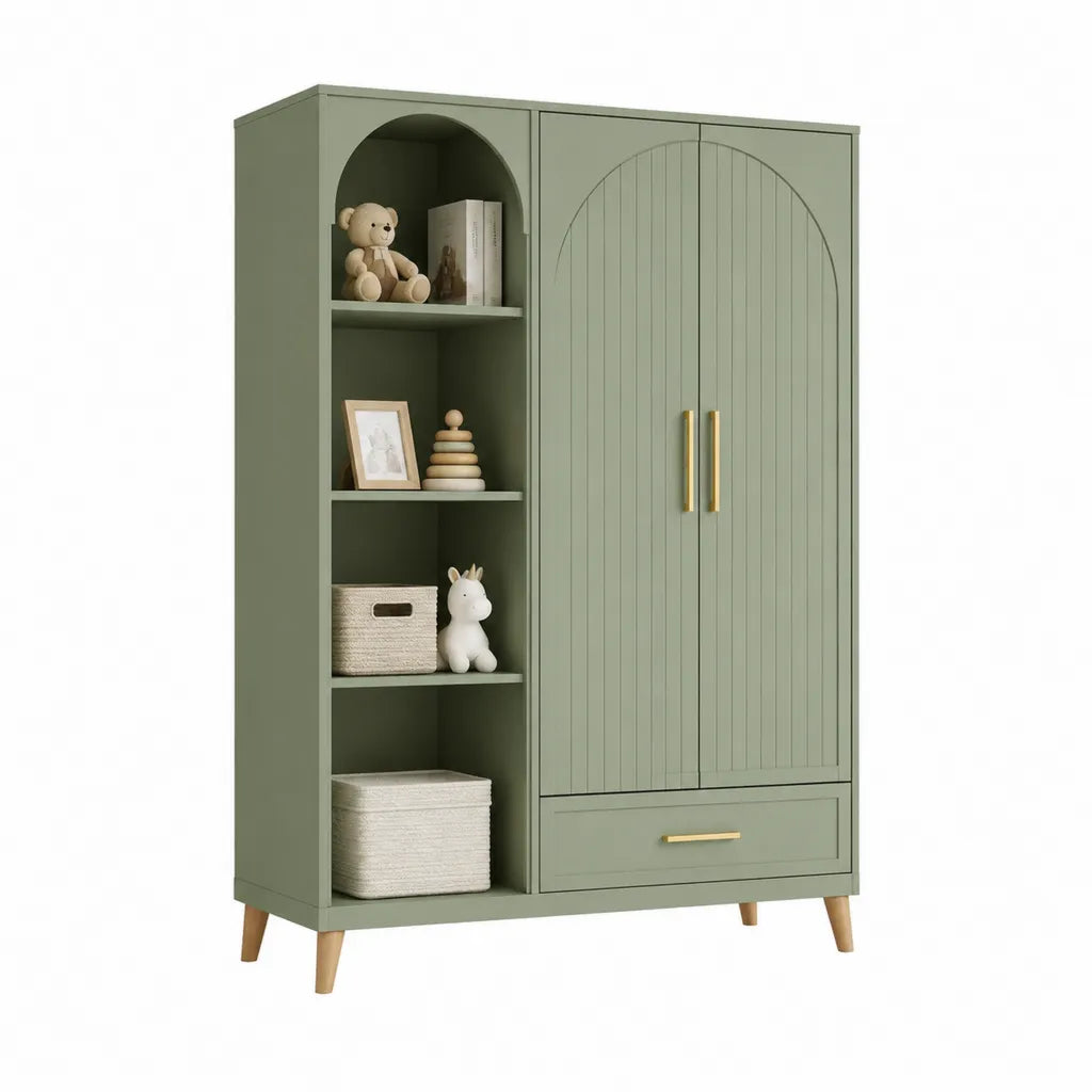 Armadio per cameretta a 2 ante con libreria e cassetto in MDF verde salvia 100 x 50 x 180 cm