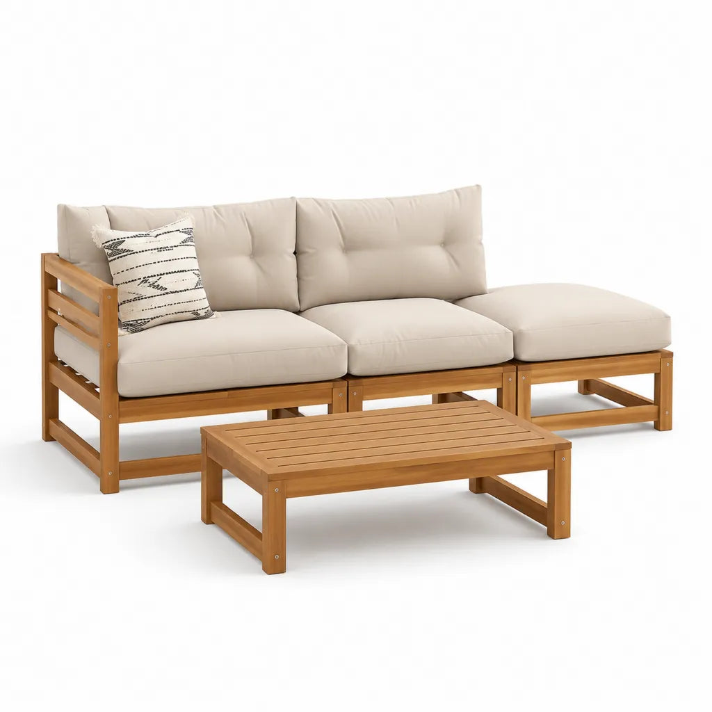 Set divano da giardino 3 posti con tavolino in legno massello di acacia beige 220 x 75 x 70 cm