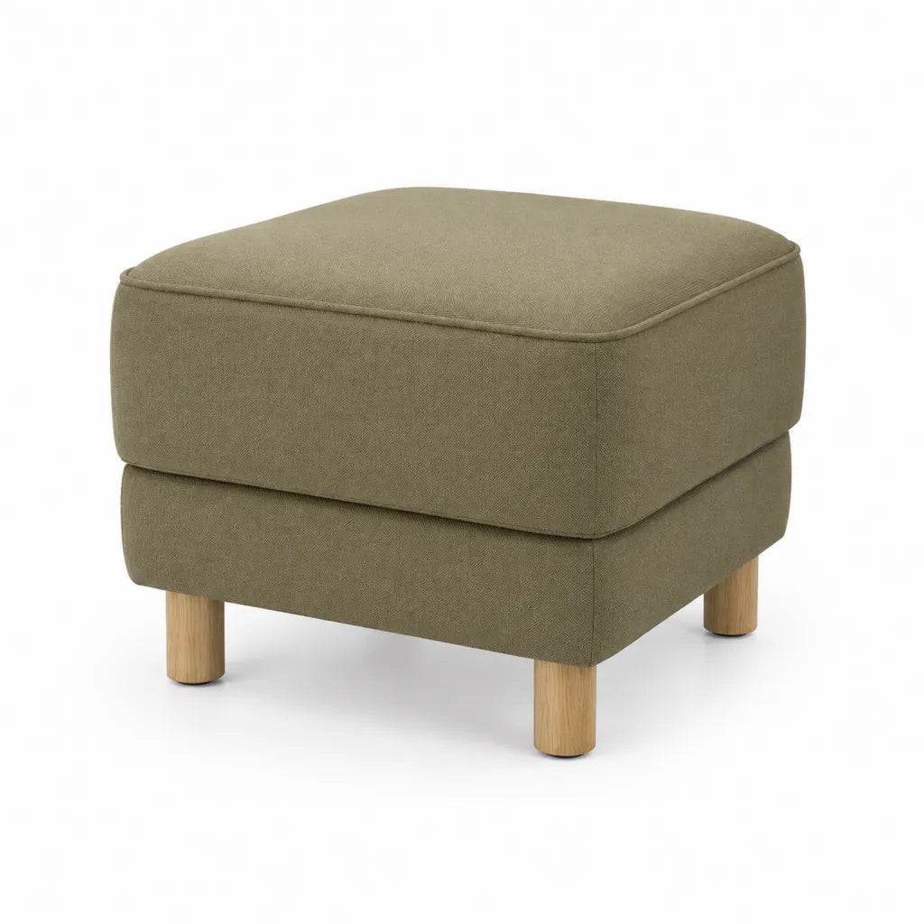 Poggiapiedi imbottito quadrato in poliestere verde oliva con gambe in legno massello 65 x 55 x 45 cm
