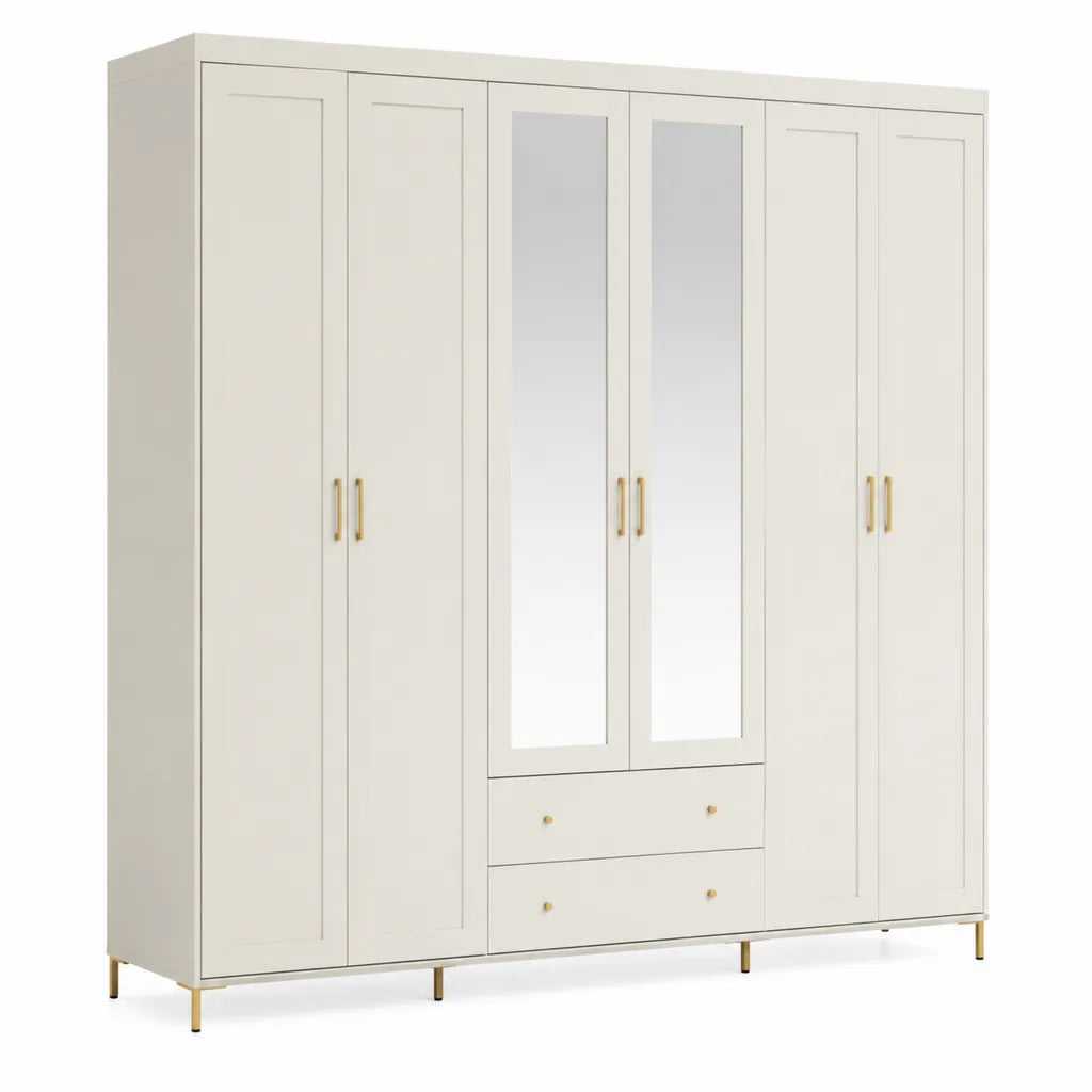 Armadio guardaroba 6 ante con specchi e 2 cassetti in truciolare avorio 240 x 52 x 200 cm