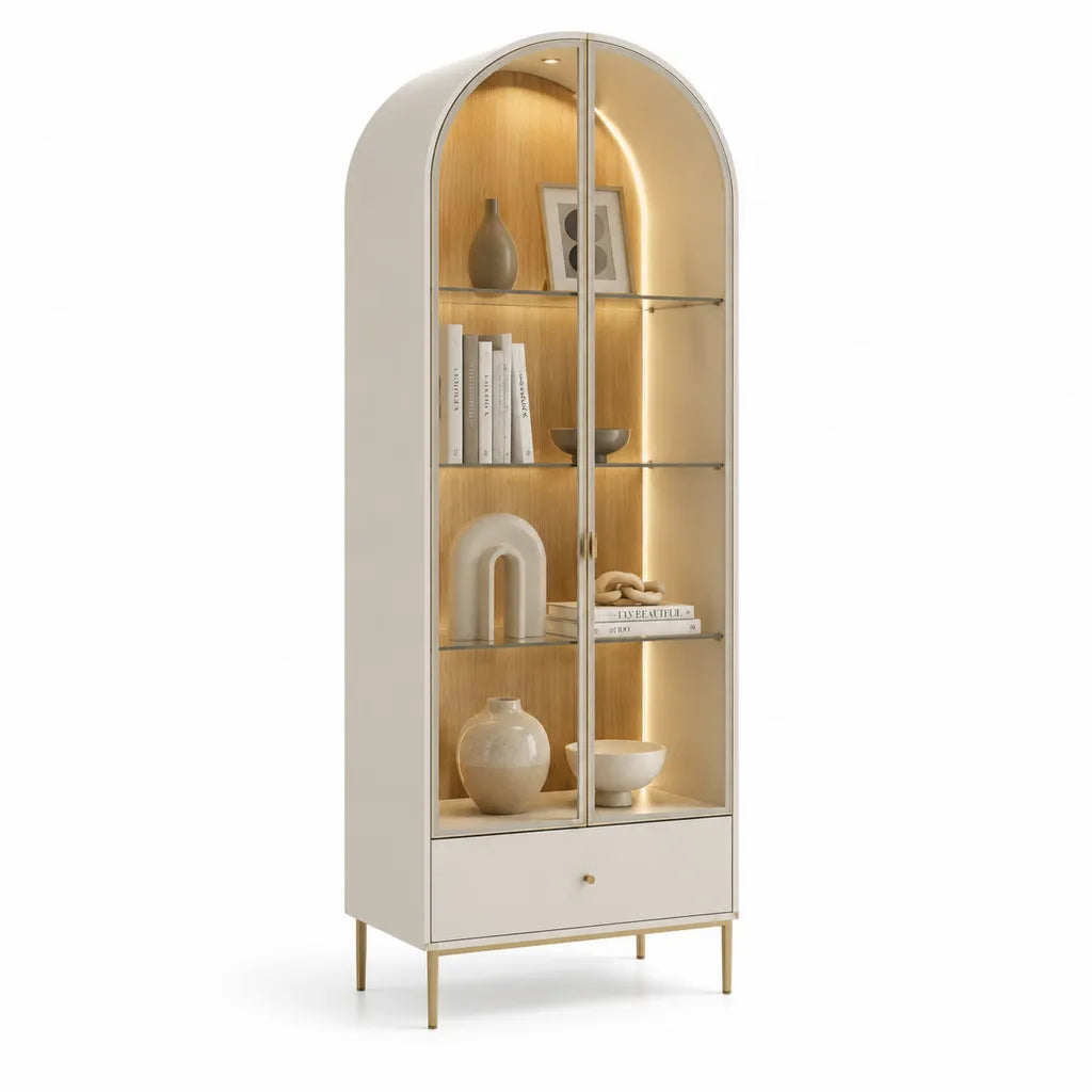 Vetrina da soggiorno con LED 80 x 40 x 180 cm in MDF e vetro temperato ad arco color crema