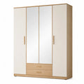 Armadio guardaroba 4 ante con 2 specchi e 2 cassetti in pannello truciolare rettangolare avorio rovere naturale 160 x 52 x 200 cm