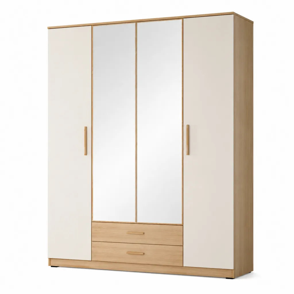 Armadio guardaroba 4 ante con 2 specchi e 2 cassetti in pannello truciolare rettangolare avorio rovere naturale 160 x 52 x 200 cm