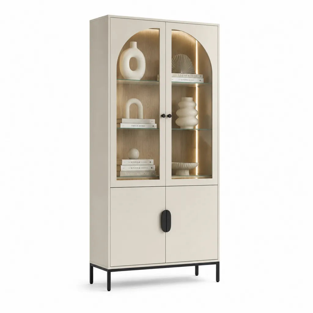 Vetrina soggiorno 80 x 40 x 180 cm in MDF con vetro temperato rettangolare beige