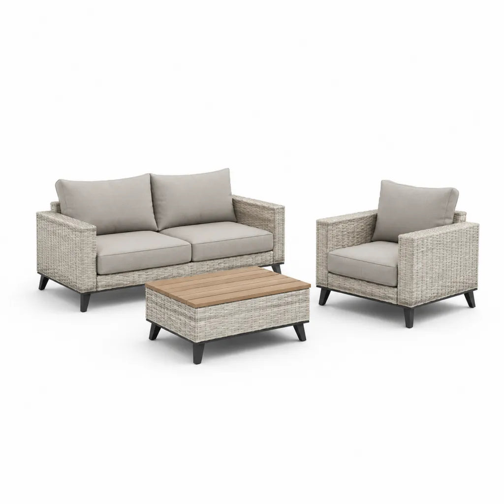 Set salotto da giardino 3 pezzi con divano 2 posti poltrona e tavolino rettangolare in rattan PE grigio beige 124 x 70 x 75 cm