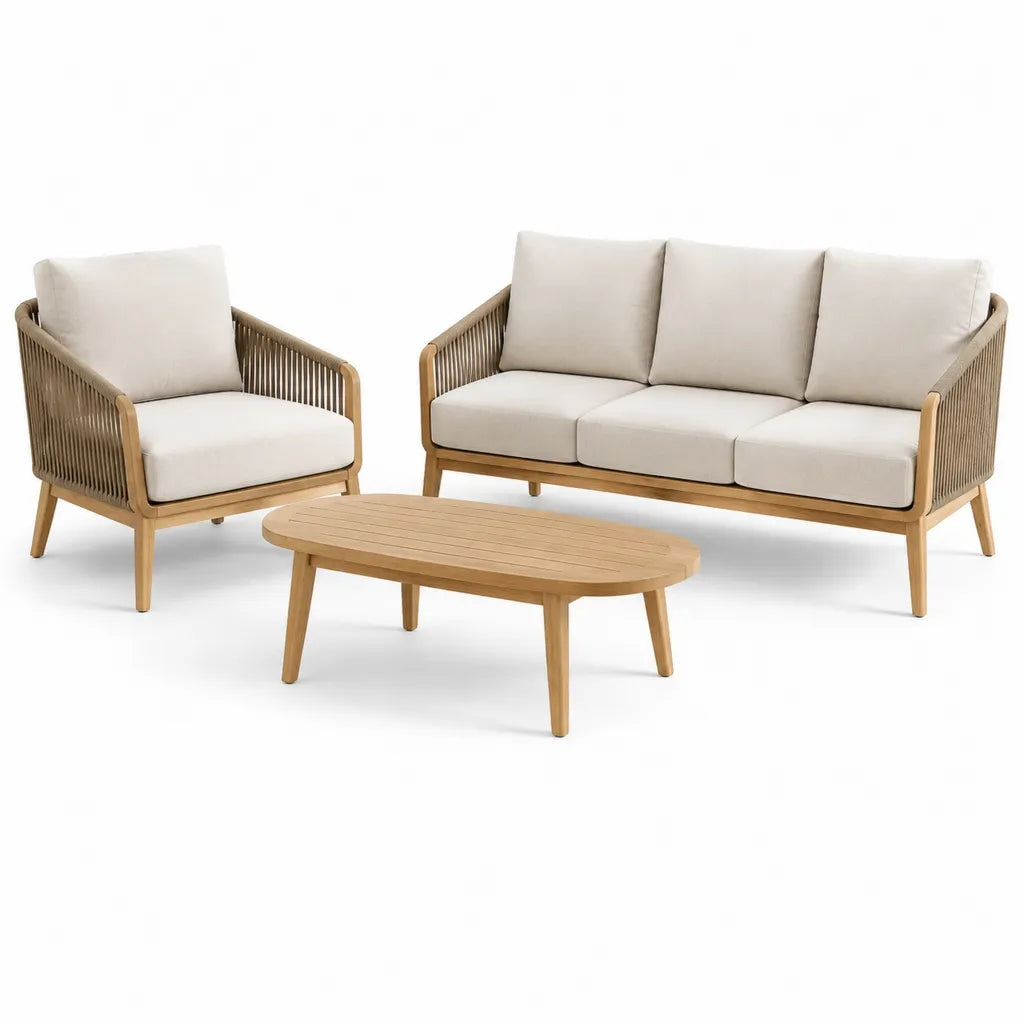 Set salotto da giardino 3 pezzi in legno massello di acacia e corda in PP con divano poltrona tavolino ovale beige divano 205 x 78 x 76 cm